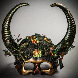 Skull Devil Halloween Mask Bull Horns Dark Gold